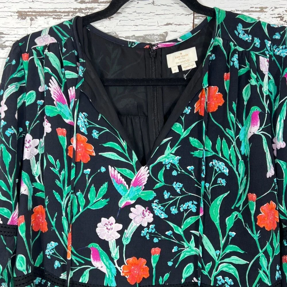 KATE SPADE  Jardin Crepe Romper Black with Floral Hummingbird Print Size 0 NWOT